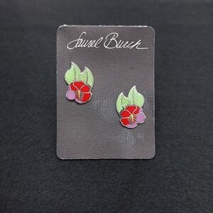 Laurel Burch Hibiscus Red Post Earrings Rhodium Plated Cloisonné 1980s Jewelry‎
